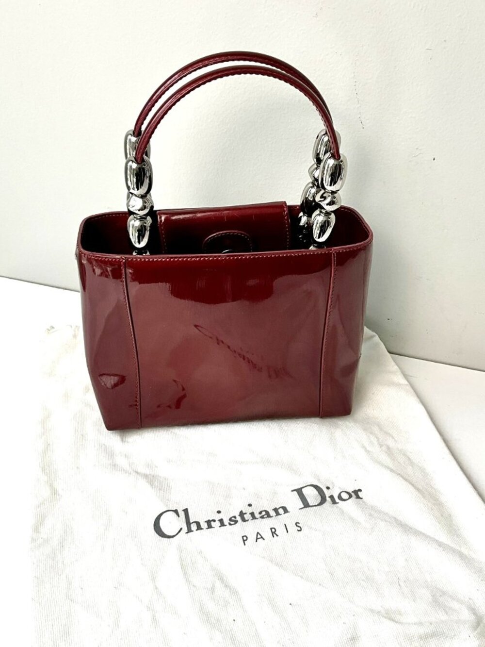 Vintage Christian Dior Bordeaux Patent Leather Mini Handbag Silver Hardware